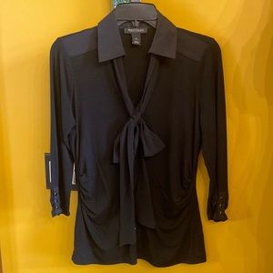 Black blouse faux snap front with bow